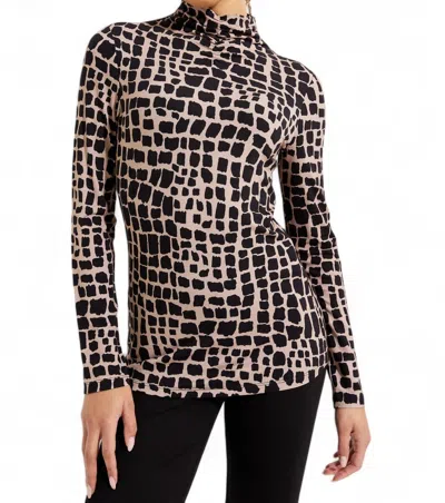 Joseph Ribkoff Mock Neck Animal Print Top In Black/latte In Multi