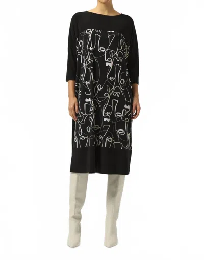 Joseph Ribkoff Moonstone Face Print Boat Neck 3/4 Sleeves Cocoon Dress In Black