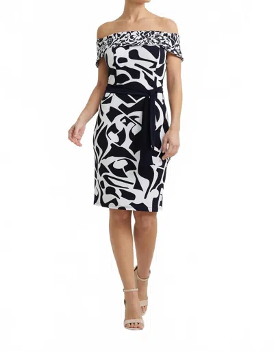 Joseph Ribkoff Off-shoulder Belted Bodycon Dress In Vanilla/midnight Blue