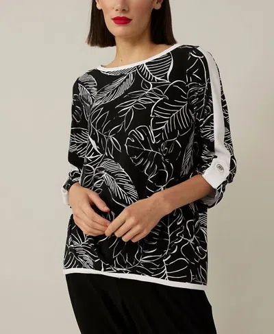 JOSEPH RIBKOFF PALM BOAT NECK TOP IN BLACK/VANILLA