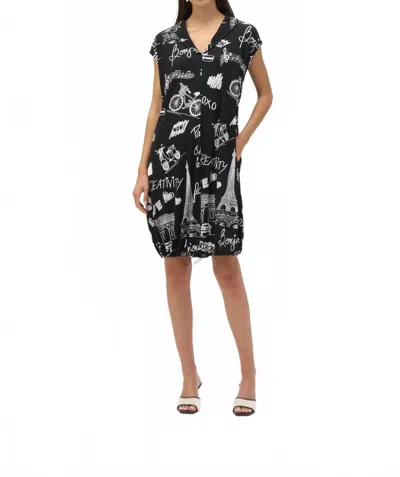 Joseph Ribkoff Paris Print Cap Sleeve Cocoon Dress In Black/vanilla