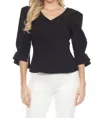 Joseph Ribkoff Pearl Puff Sleeve V-neck Twill Peplum Top In Black