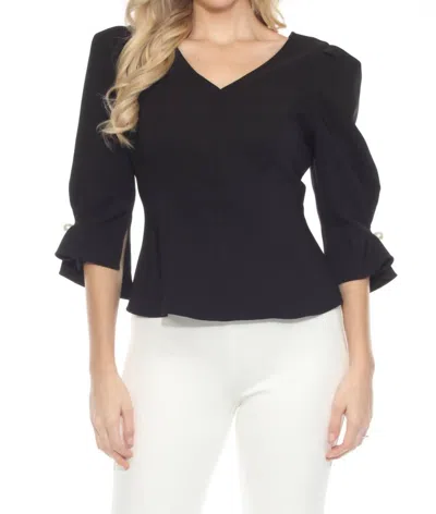 Joseph Ribkoff Pearl Puff Sleeve V-neck Twill Peplum Top In Black