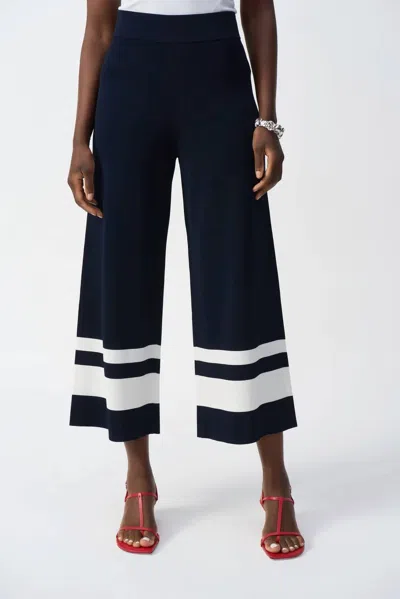 Joseph Ribkoff Placement Stripe Sweater Knit Culotte Pants In Midnight Blue/vanilla