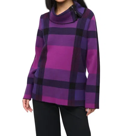 Joseph Ribkoff Plaid Jacquard Cowl Neck Lds Sweater In Mystic/empress/black In Multi
