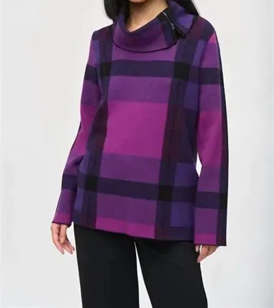 Joseph Ribkoff Plaid Jacquard Cowl Neck Sweater In Empress Mystic Black In Multi
