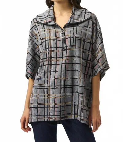 Joseph Ribkoff Plaid Print Zipped Collar Sweater Top In Grey/multi In Blue