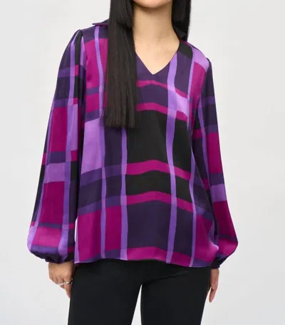 Joseph Ribkoff Plaid Puff Sleeve Satin Top In Purple/black
