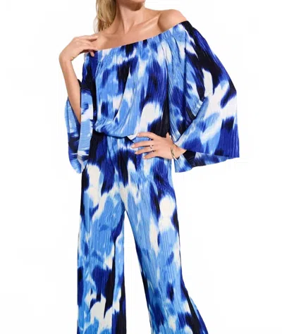 Joseph Ribkoff Pleated Novelty Tropical Print Off-shoulder Top In Blue/vanilla