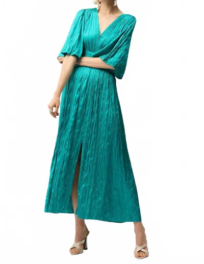 Joseph Ribkoff Pleated Satin V-neck Maxi Dress In Oceanic In Green