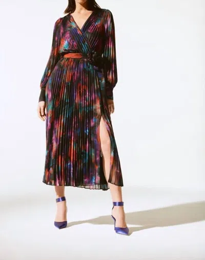 Joseph Ribkoff Pleated Wrap Midi Dress In Black Multi