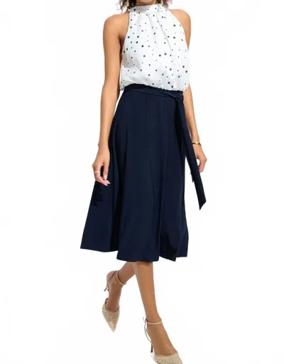 Joseph Ribkoff Polka Dot Blouson Midi Dress In Vanilla/midnight Blue