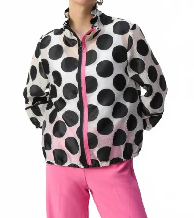 JOSEPH RIBKOFF POLKA DOT PUFF SLEEVE ZIP FRONT JACKET IN WHITE/BLACK