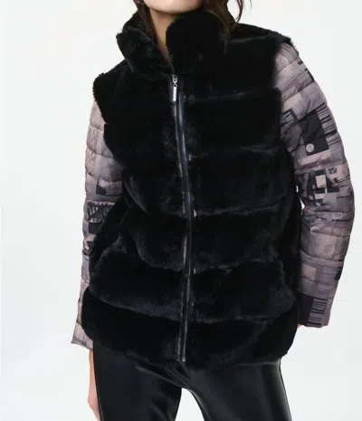 Joseph Ribkoff Printed Faux Fur Zip-up Puffer Coat Jacket In Black/taupe In Multi