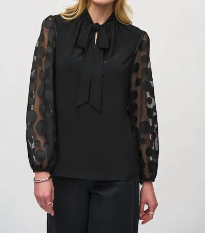 Joseph Ribkoff Pussy Bow Polka Dot Mesh Puff Sleeve Top In Black