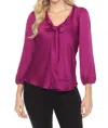 Joseph Ribkoff Pussy Bow Puff Sleeve Satin Top In Empress