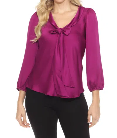 Joseph Ribkoff Pussy Bow Puff Sleeve Satin Top In Empress