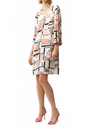 Joseph Ribkoff Recycled Satin Abstract Print Trapeze Dress With Trim In Pink In Multi