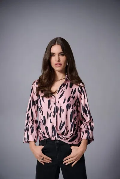 Joseph Ribkoff Recycled Satin Animal Print Draped Top In Pink Black In Multi