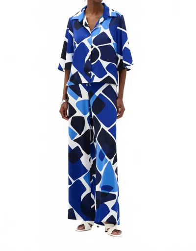 Joseph Ribkoff Recylced Woven Geomteric Print Straight Blouse In Vanilla/ Blue
