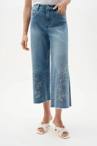 Joseph Ribkoff Repreve Denim Wide Leg Crop Jeans With Embroidery In Blue