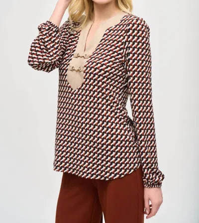 Joseph Ribkoff Retro Geometric Long Sleeve Satin Top In Black/multi