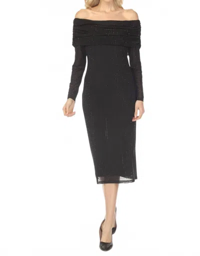 Joseph Ribkoff Rhinestone Off-shoulder Ruched Midi Dress In Black