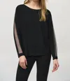 Joseph Ribkoff Rhinestone Mesh Insert Pullover Sweater Top In Black In Black