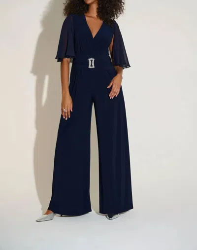 Joseph Ribkoff Ruched Flutter Cape Sleeve Jumpsuit In Midnight Blue