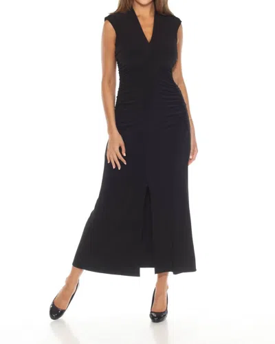 Joseph Ribkoff Ruched V-neck High Slit Long Dress In Black