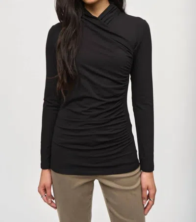 Joseph Ribkoff Ruched Wrap Front V-neck Long Sleeve Top In Black