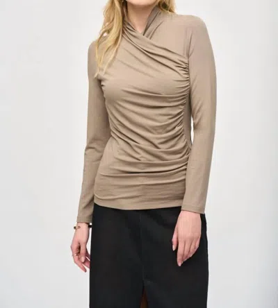 JOSEPH RIBKOFF RUCHED WRAP FRONT V-NECK LONG SLEEVE TOP IN JAVA