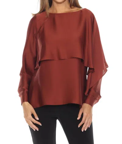 Joseph Ribkoff Ruffled Layer Dolman Sleeve Satin Blouse In Cinnamon In Brown