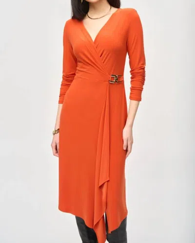 Joseph Ribkoff Ruffled Long Sleeve Faux Wrap Midi Dress In Lava