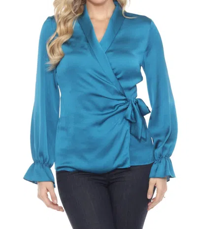 Joseph Ribkoff Ruffled Satin Wrap Blouse In Pacific Blue