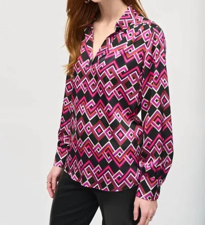 JOSEPH RIBKOFF SATIN BLOUSE IN BLACK MULTI