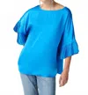 Joseph Ribkoff Satin Boxy Top With Statement Ruffled Sleeves In Blue In Blue