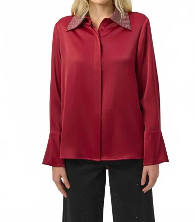 Joseph Ribkoff Satin Button-front Blouse With Embellished Collar In Deep Cherry In Multi