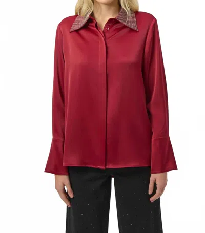 Joseph Ribkoff Satin Button-front Blouse With Embellished Collar In Deep Cherry In Multi
