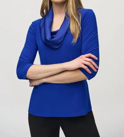 Joseph Ribkoff Satin Cowl Neck 3/4 Sleeve Fitted Top In Royal Sapphire In Blue