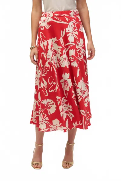 JOSEPH RIBKOFF SATIN FLORAL PRINT A-LINE SKIRT IN RED