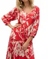 Joseph Ribkoff Satin Floral Print Straight Top In Red/cream In Red