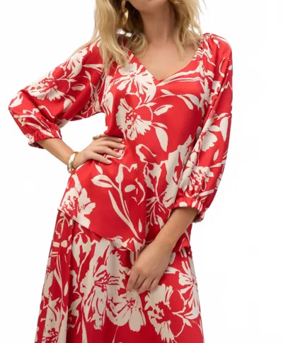 Joseph Ribkoff Satin Floral Print Straight Top In Red/cream