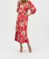 Joseph Ribkoff Satin Floral Print Straight Top In Red/cream In Multi