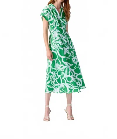 Joseph Ribkoff Satin Floral Wrap Front Midi Fit & Flare Dress In Green/vanilla
