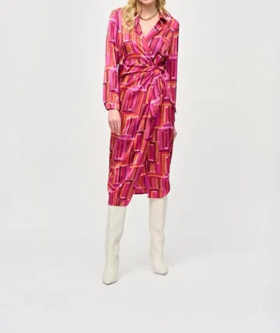 Joseph Ribkoff Satin Geometric Print Wrap Dress In Pink/multi