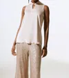 JOSEPH RIBKOFF SATIN KEYHOLE SLEEVELESS TOP IN DUNE
