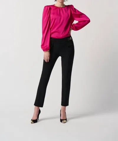 Joseph Ribkoff Satin Puff Sleeve Top With Gold Chain In Shocking Pink