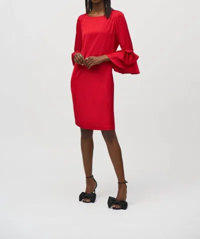 Joseph Ribkoff Satin Riffle Sleeve Straight Red Dress In Lipstick Red