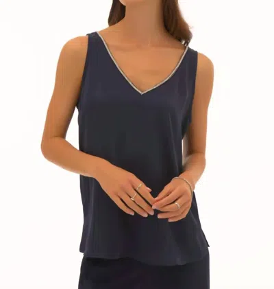 Joseph Ribkoff Satin Sleeveless With Rhinestone Trim Top In Midnight Blue